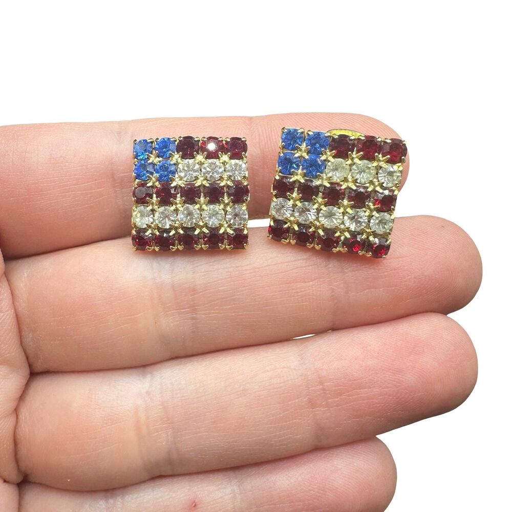 Vintage Rhinestone American Flag Clip On Earrings, 4th of July